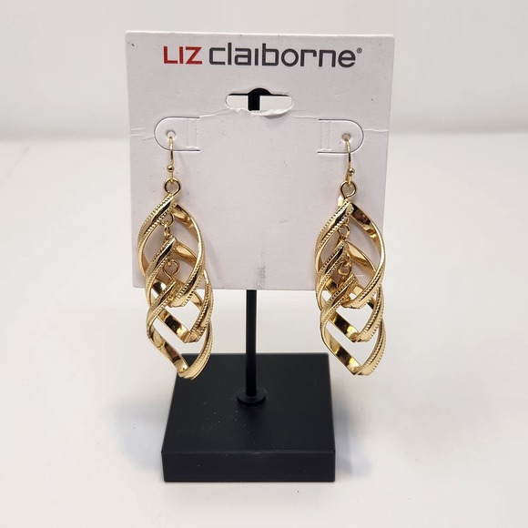 Liz Claiborne Shiny Gold Tone Dangle Drop Hook Earrings Pierced Statement New - Picture 1 of 4